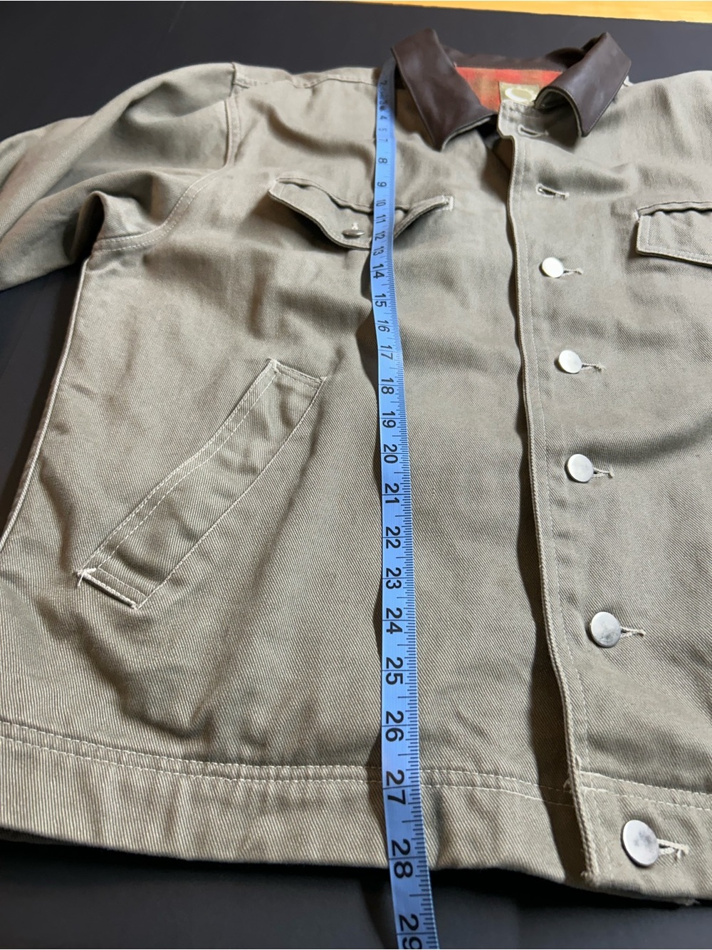 Men's Tan Workwear Jacket with Brown Leather Collar and Plaid Cotton Lining - Picture 5 of 8